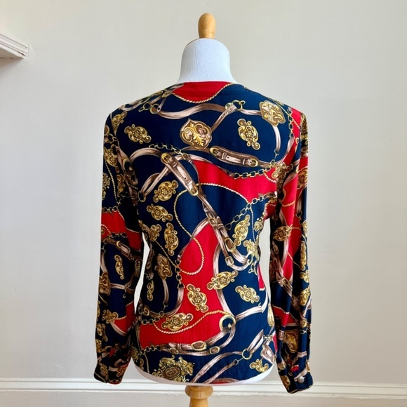 Vintage Stephanie Andrews 100% Silk Equestrian Navy Red Button Down Blouse Shirt - Picture 10 of 16
